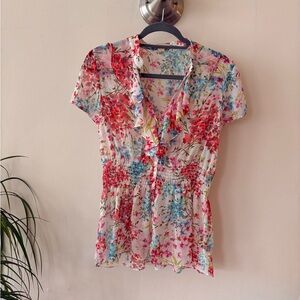 Forever 21 Multicolor Floral Ruffle Blouse Size Large